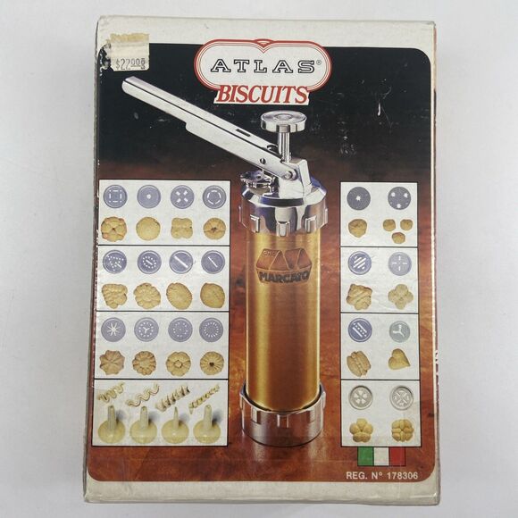 Marcato Atlas Cookie Press Gold Metal Italy 16 Discs 4 Tips Instructions Recipes - Picture 4 of 10